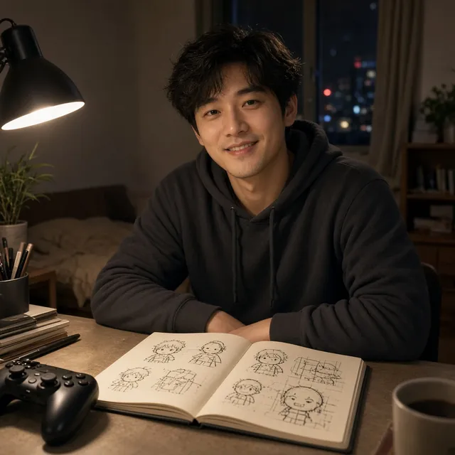 Chen Yu at his desk at night, a sketchbook of pixel characters open in front of him.