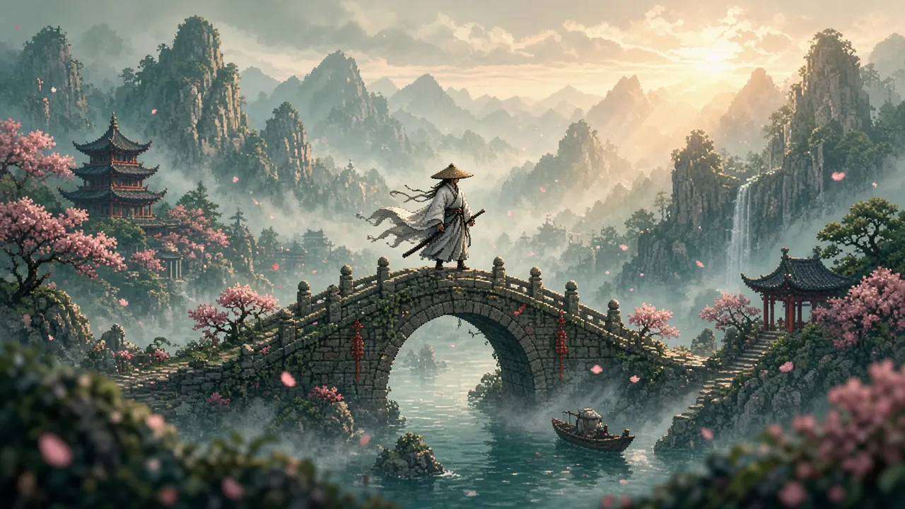 Key art: a swordsman in a straw hat stands on an old stone bridge above a misty river, cherry petals drifting past pagodas and mountains.